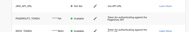 A table row with the name PAGERDUTY_TOKEN, an edit icon as a button and a short description of what the token does