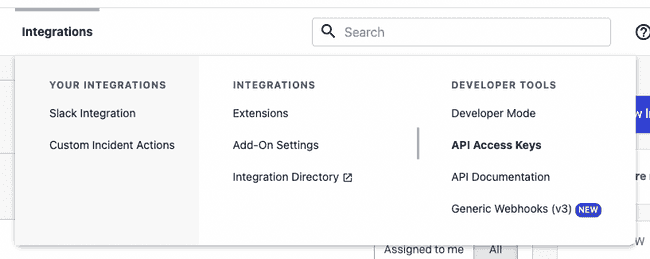 API Access menu Item on PagerDuty integrations menu